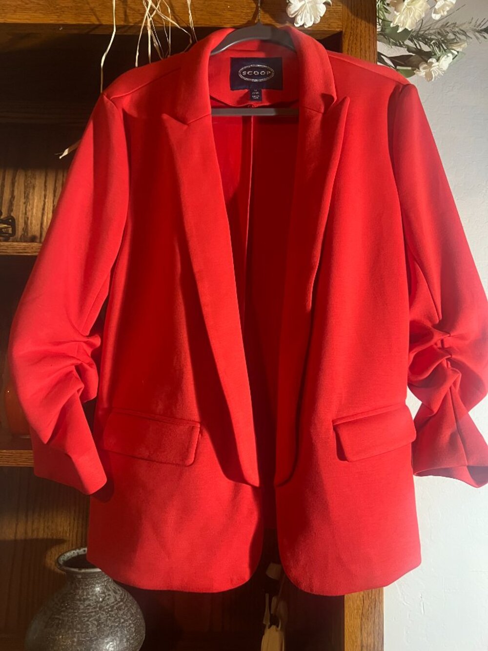 SCOOP Red Ruched Sleeve Blazer Size M | Stretch Open Front Jacket - Picture 2 of 4